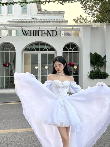 Princess White A Line Long Sleeve Chiffon Satin Long Sweep Party Dress Evening Dress HZ1023